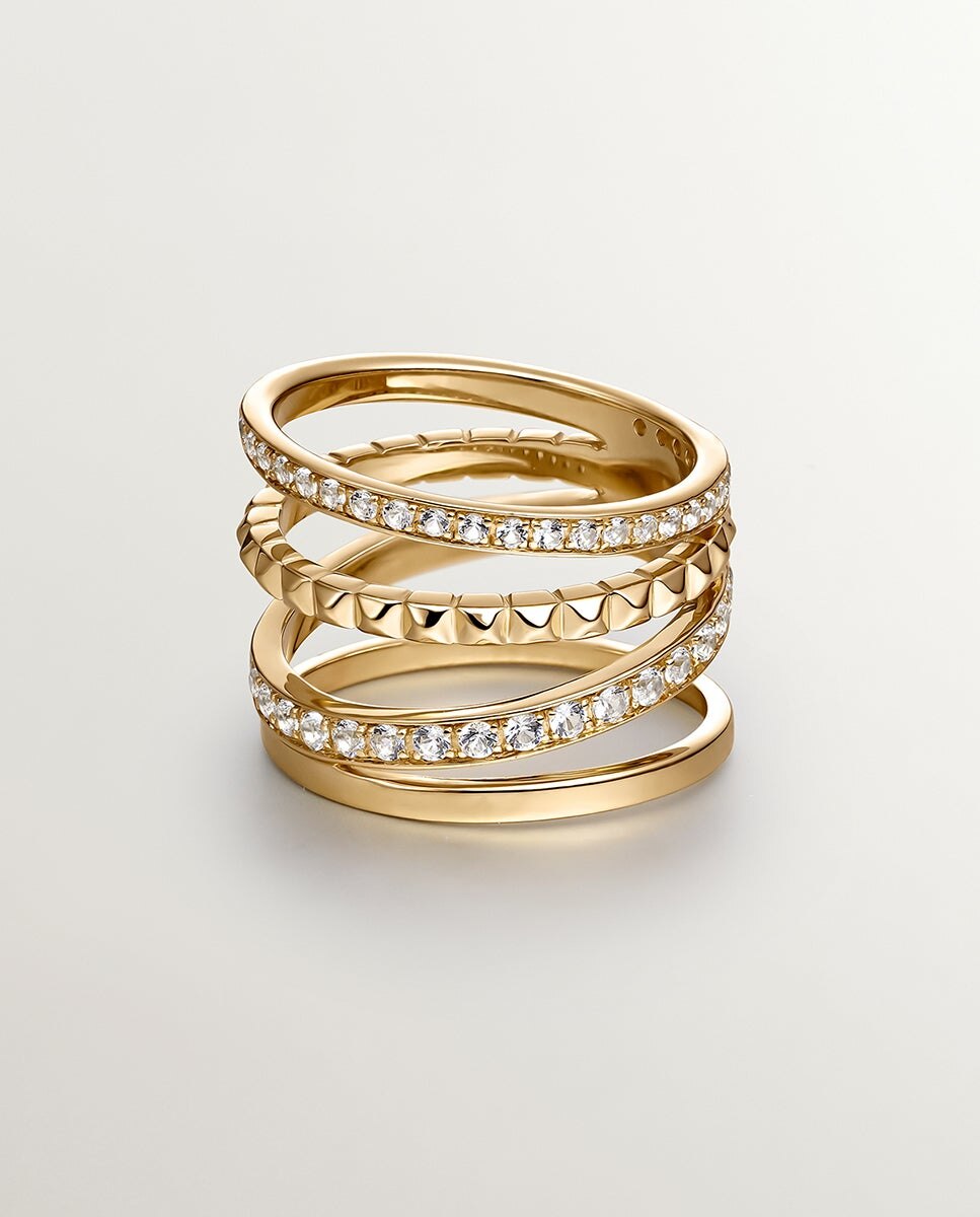 Anel Multibraço de Prata 925 Banhada em Ouro Amarelo de 18k com Relevo e Topázios Brancos Branco-3