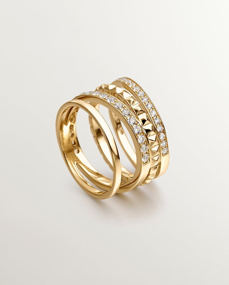 Anel Multibraço de Prata 925 Banhada em Ouro Amarelo de 18k com Relevo e Topázios Brancos Branco-5