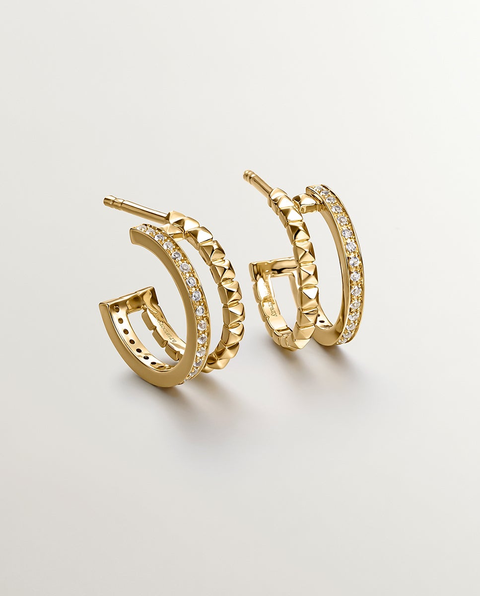 Brincos de Argola Duplas de Prata 925 Banhada em Ouro Amarelo de 18k com Relevo e Topázios Brancos Branco-5