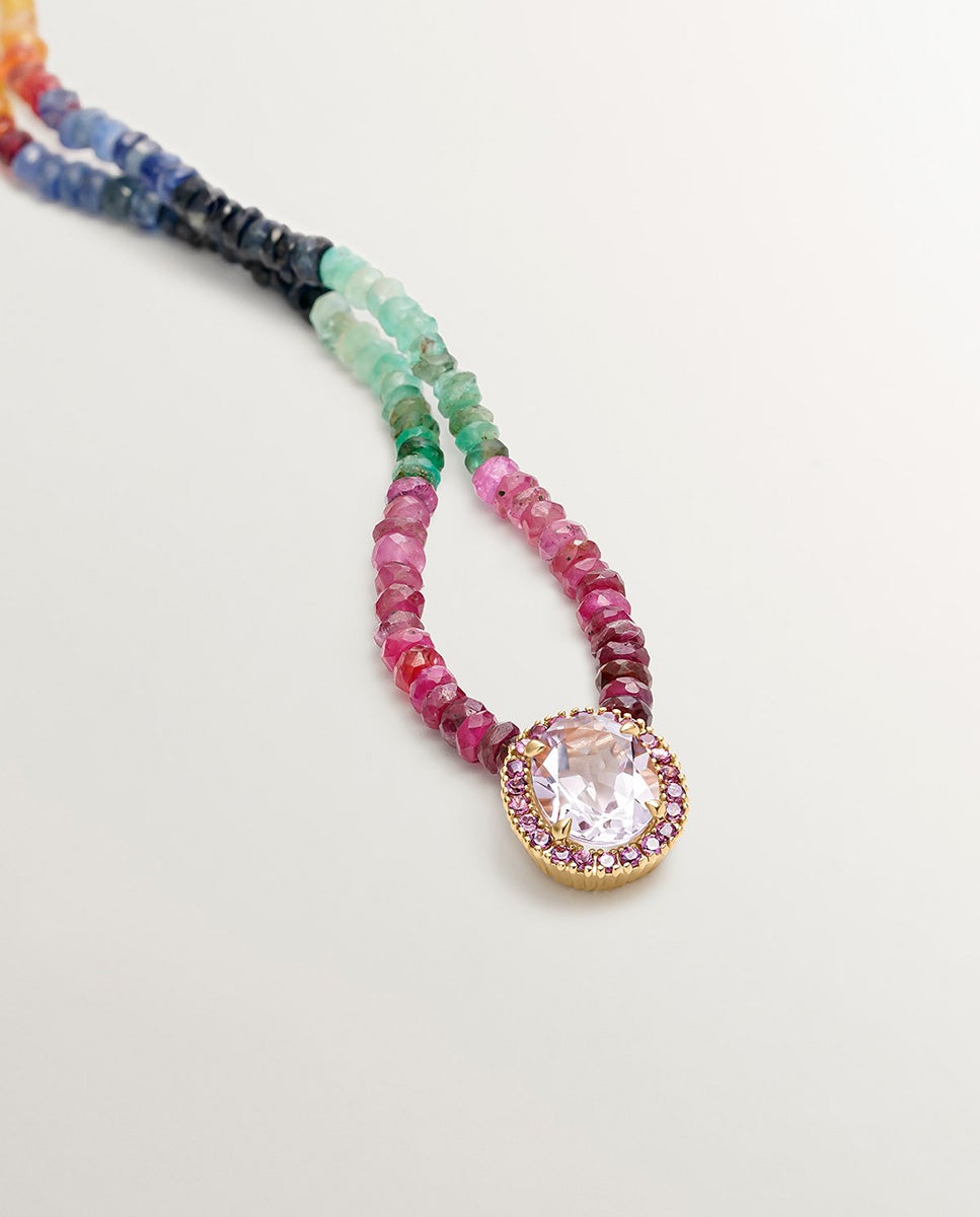 Colar de Prata 925 Banhada a Ouro Amarelo de 18k com Safiras Multicolor, Rodolita Rosa e Ametista Roxa Multicolor-1