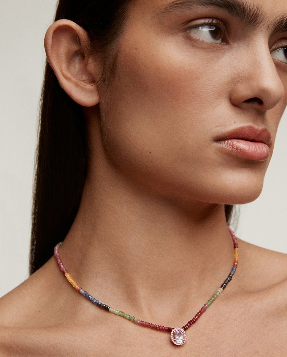 Colar de Prata 925 Banhada a Ouro Amarelo de 18k com Safiras Multicolor, Rodolita Rosa e Ametista Roxa Multicolor-2