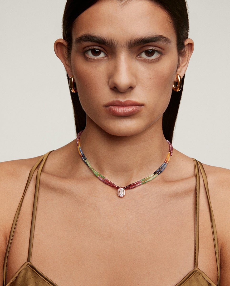 Colar de Prata 925 Banhada a Ouro Amarelo de 18k com Safiras Multicolor, Rodolita Rosa e Ametista Roxa Multicolor-5