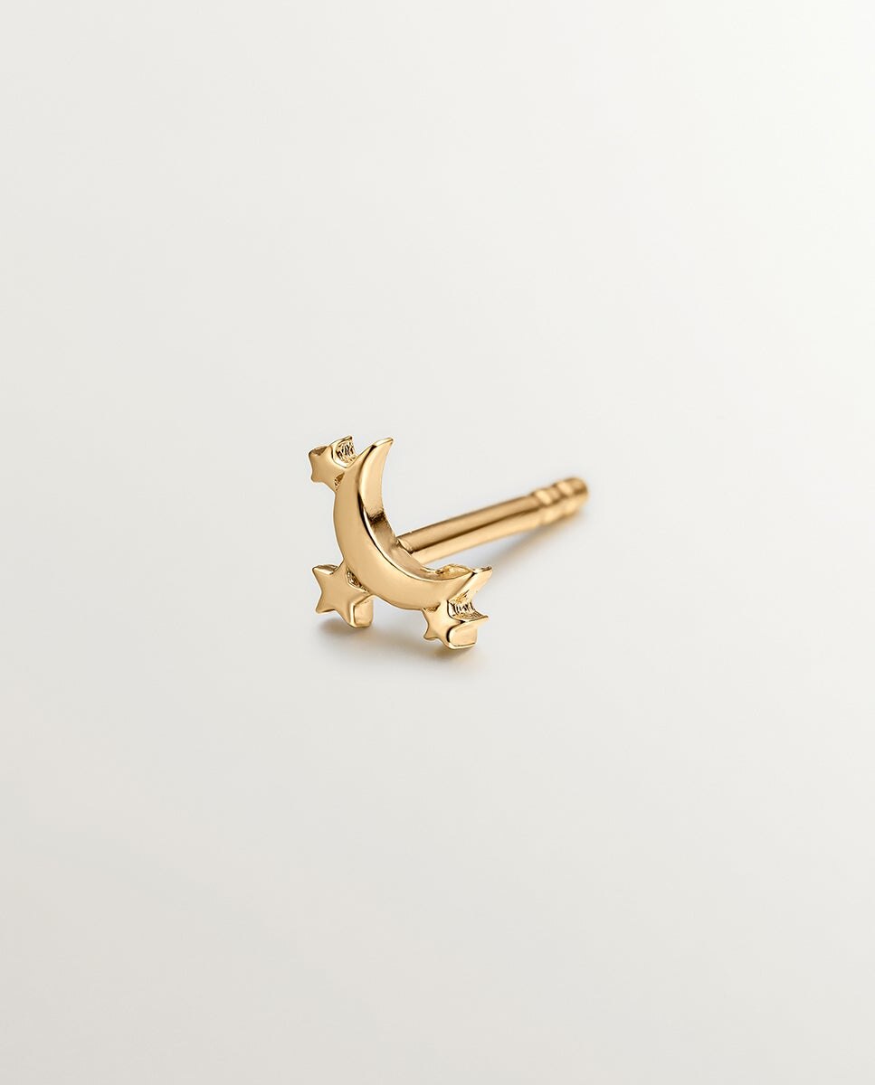 Brinco Individual de Prata 925 Banhada em Ouro Amarelo de 18k com Lua e Estrelas Ouro-3