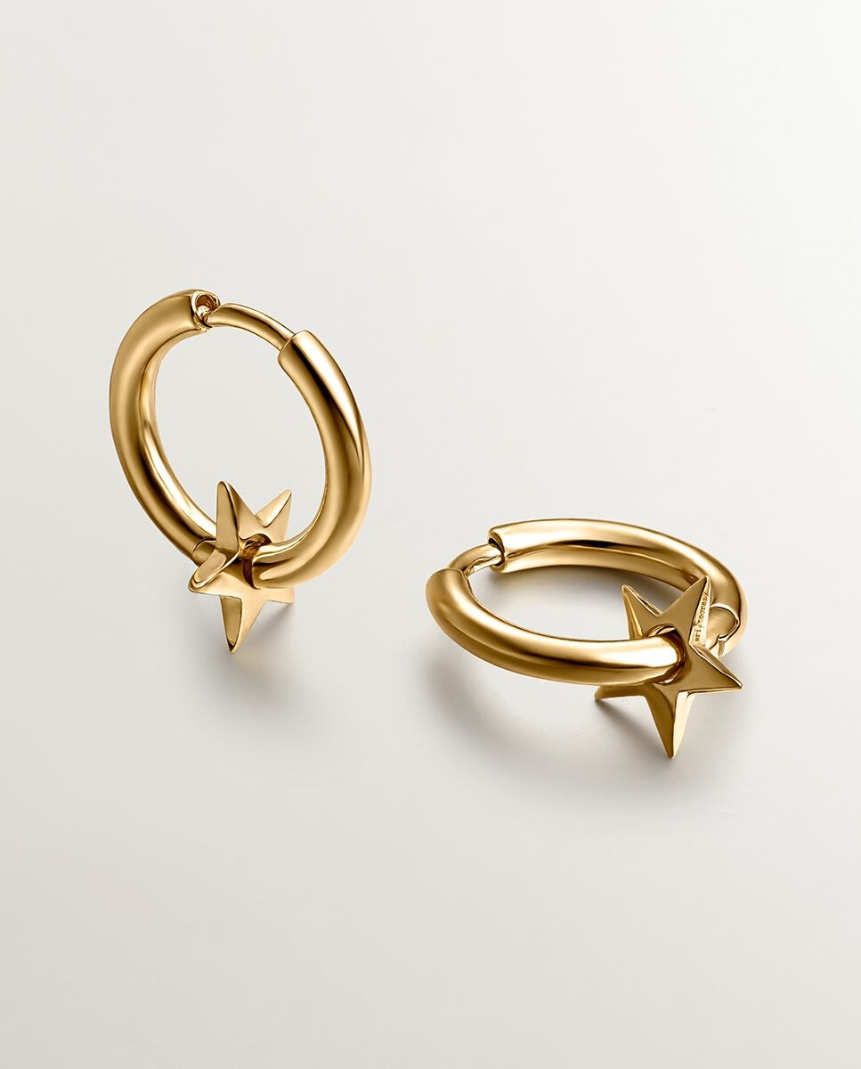 Brincos de Argola Pequenos de Prata 925 Banhada a Ouro de 18k com Estrela Ouro-3