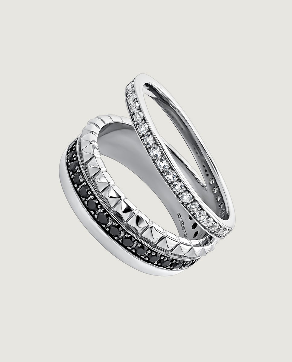 Anel Duplo de Prata 925 com Textura e Espinelas Negras Branco-1