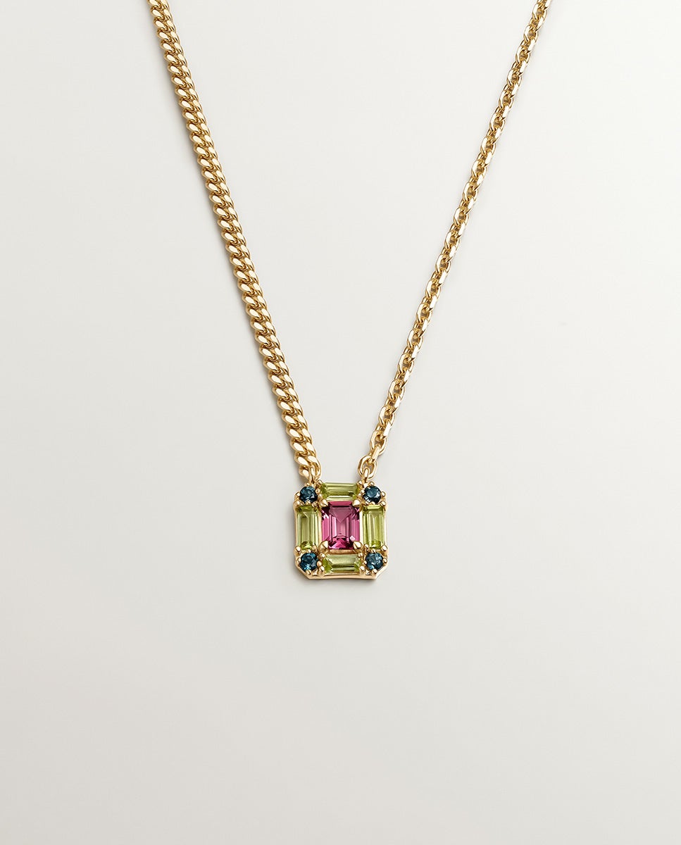 Pendente de Prata 925 Banhada a Ouro Amarelo de 18k com Rodolita Rosa, Topázio Azul London e Peridoto Verde Rosa-1