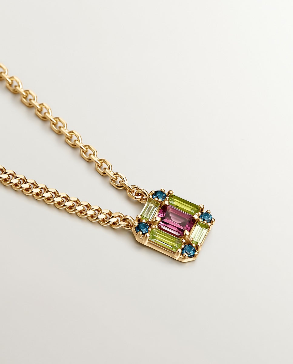 Pendente de Prata 925 Banhada a Ouro Amarelo de 18k com Rodolita Rosa, Topázio Azul London e Peridoto Verde Rosa-3