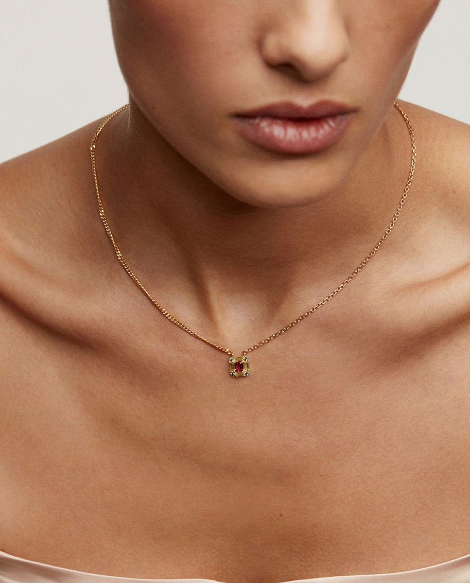 Pendente de Prata 925 Banhada a Ouro Amarelo de 18k com Rodolita Rosa, Topázio Azul London e Peridoto Verde Rosa-4