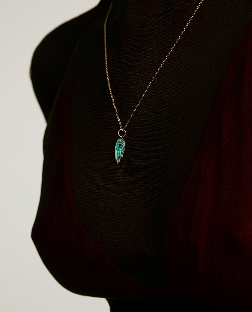 Charm de Prata 925 Banhada em Ouro Amarelo de 18k com Esmaltado Turquesa e Mão de Fátima Azul-2