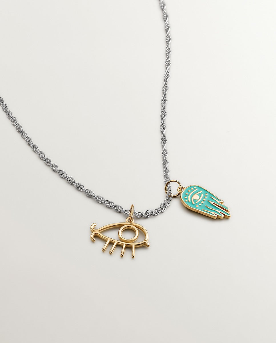 Charm de Prata 925 Banhada em Ouro Amarelo de 18k com Esmaltado Turquesa e Mão de Fátima Azul-5