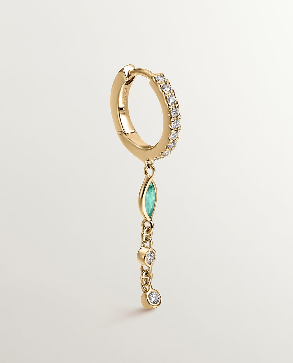 Brinco Individual de Argola Pequena de Ouro Amarelo 9k com Corrente de Diamantes e Esmeralda Branco-1