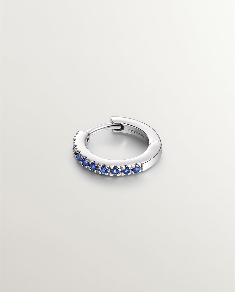 Pendiente Individual de Aro Pequeno de Ouro Branco de 9k com Safiras Azuis Azul-3