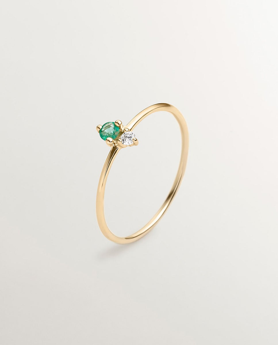 Anel de Ouro Amarelo de 9k com Esmeralda e Diamante Verde-1