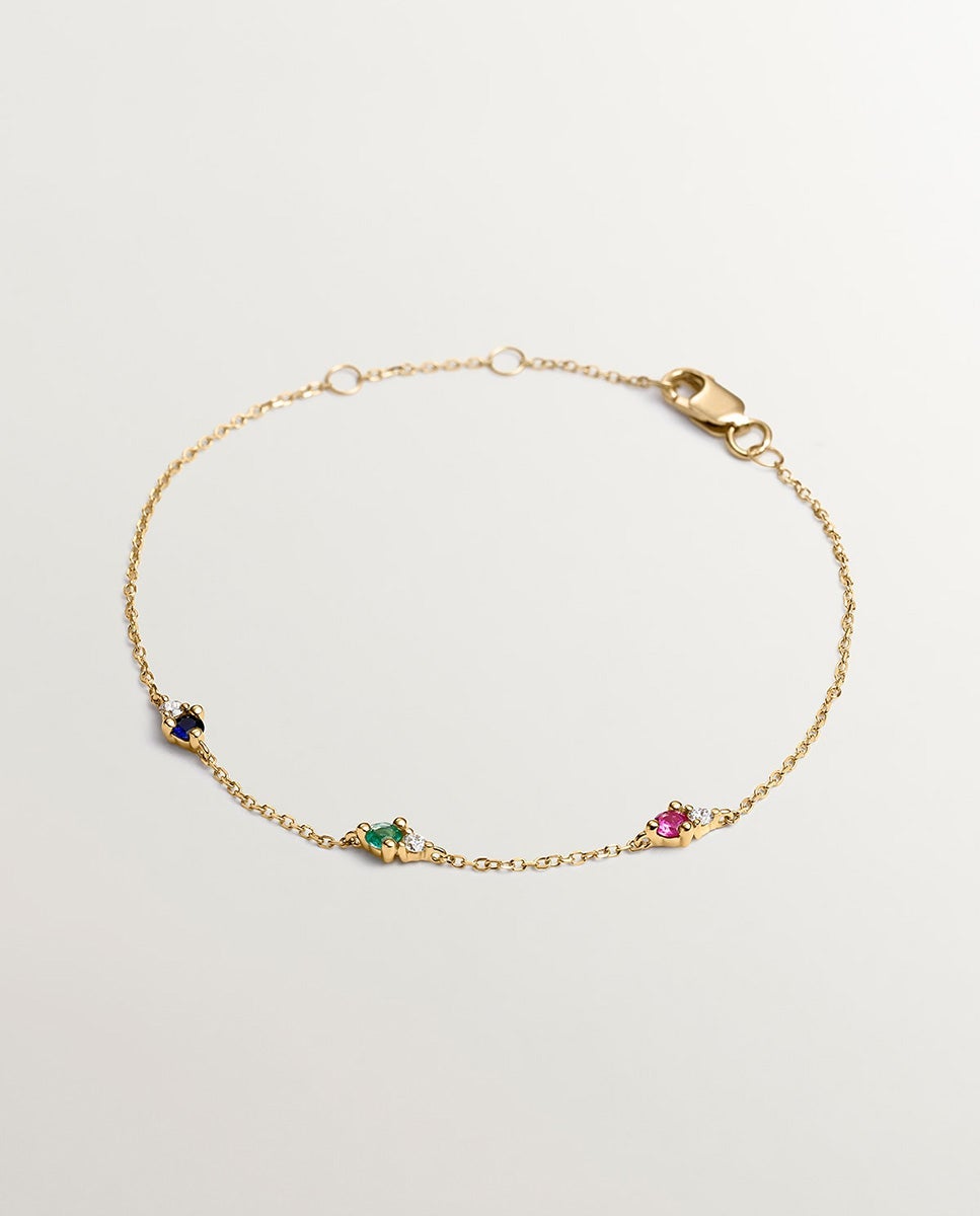 Pulseira de Ouro Amarelo de 9k com Safira, Esmeralda, Rubi e Diamantes Branco-1
