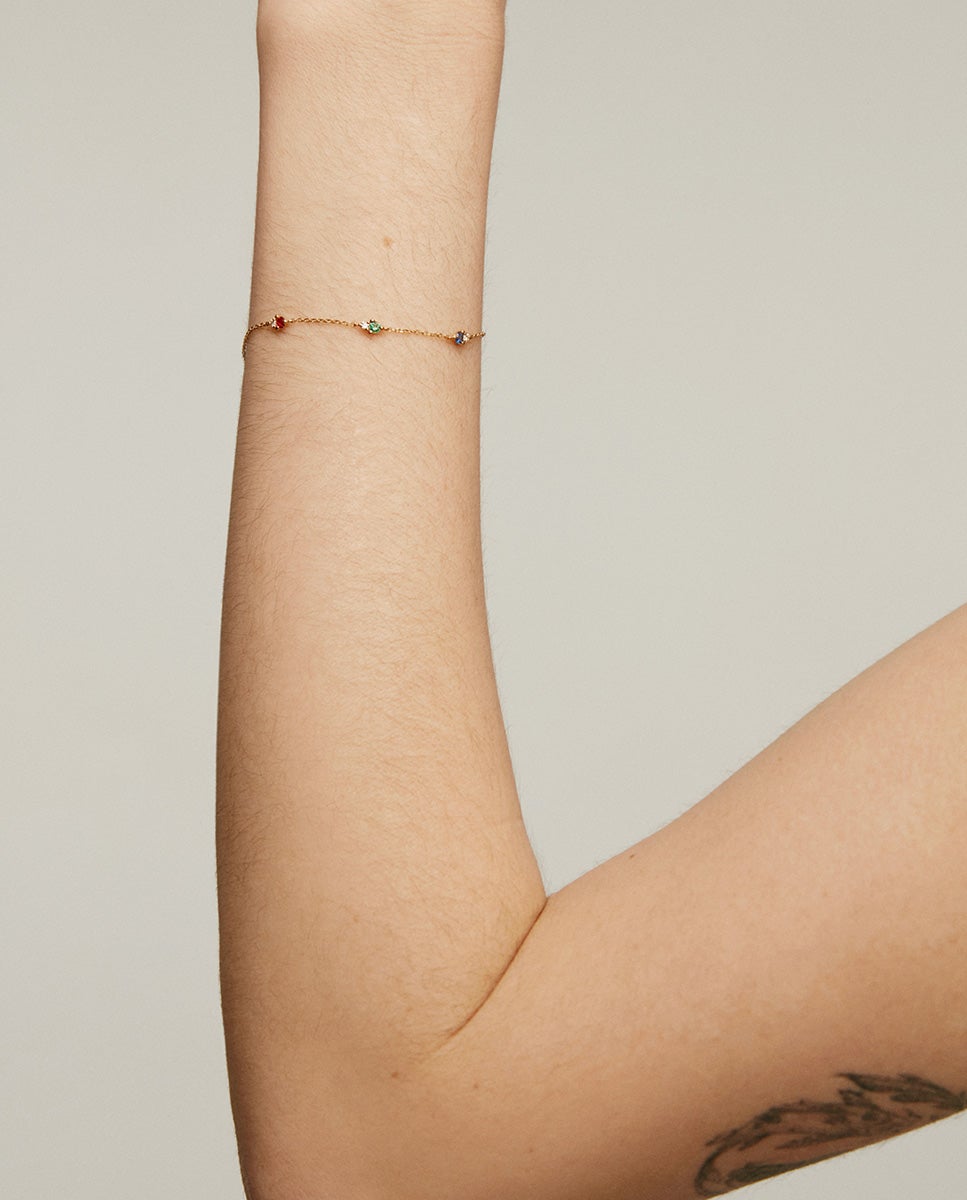 Pulseira de Ouro Amarelo de 9k com Safira, Esmeralda, Rubi e Diamantes Branco-2