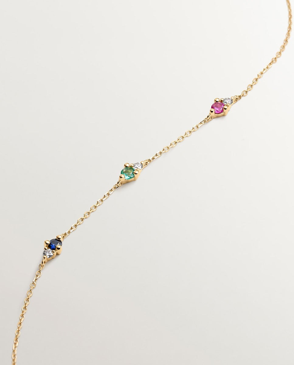 Pulseira de Ouro Amarelo de 9k com Safira, Esmeralda, Rubi e Diamantes Branco-3