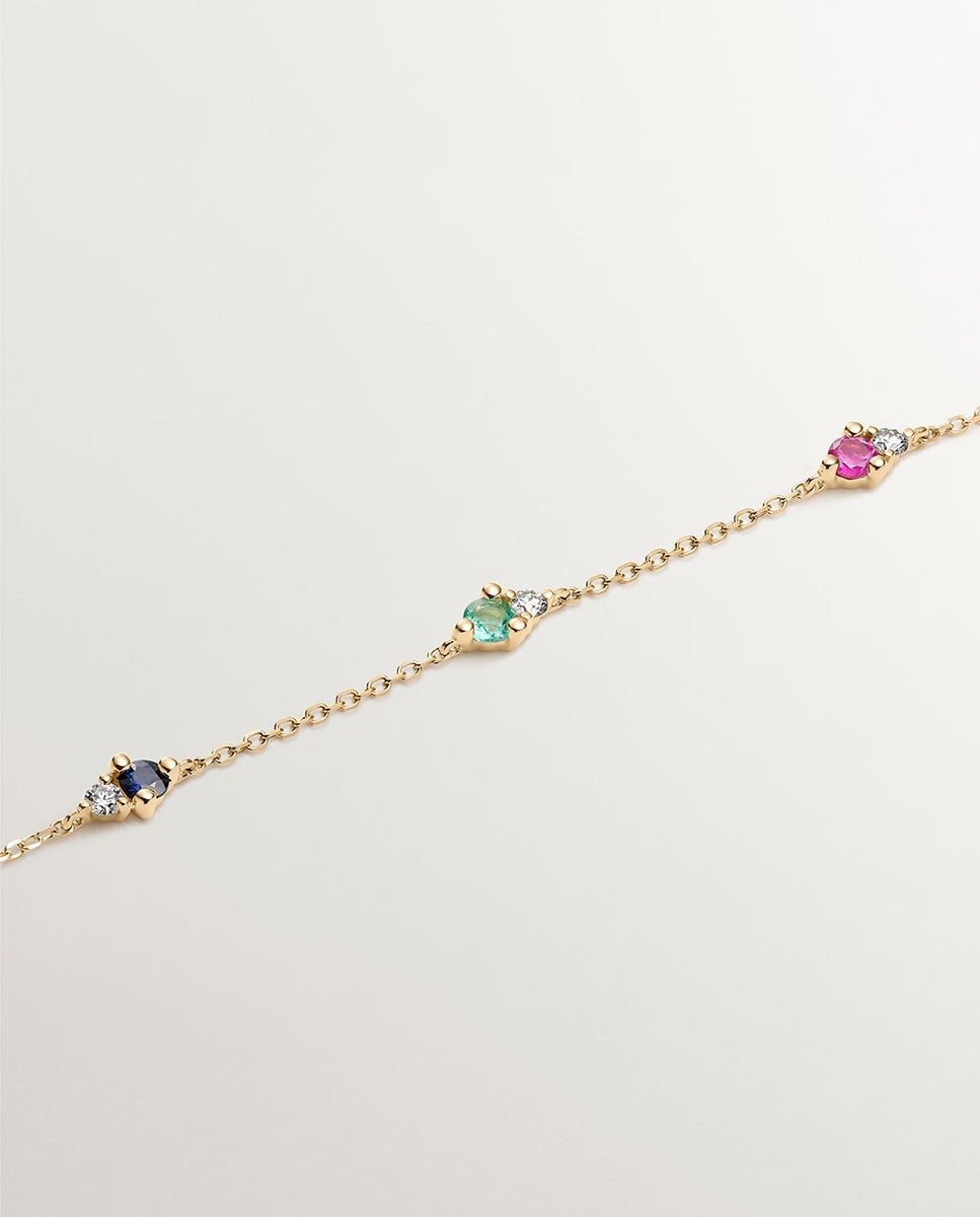 Pulseira de Ouro Amarelo de 9k com Safira, Esmeralda, Rubi e Diamantes Branco-5