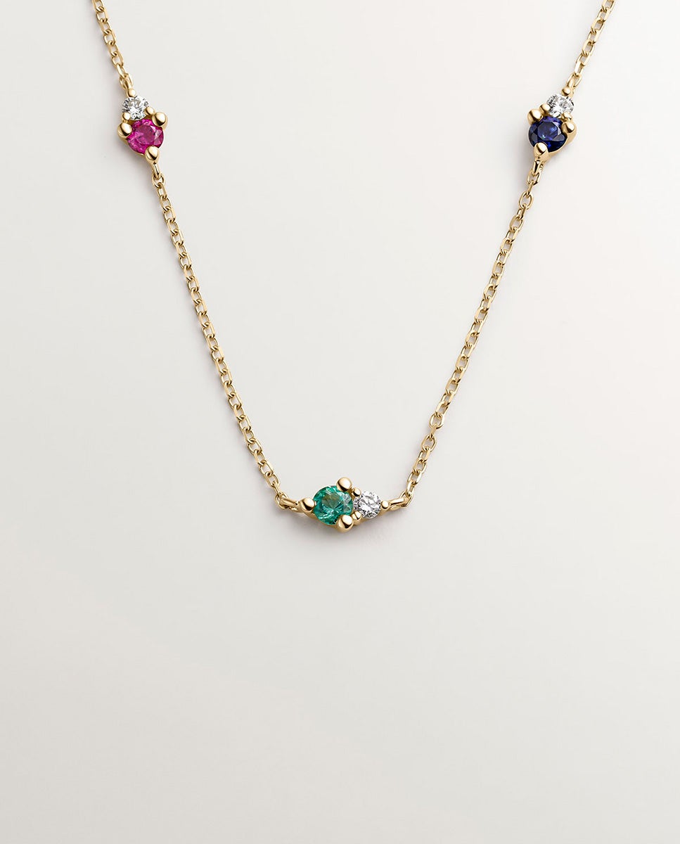 Colar de Ouro Amarelo de 9k com Safira, Esmeralda, Rubi e Diamantes Branco-1
