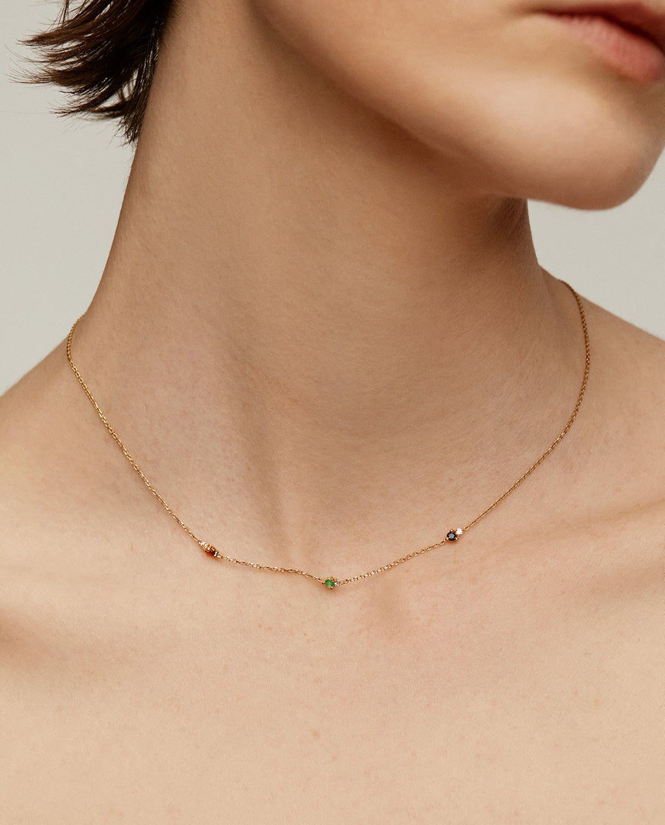 Colar de Ouro Amarelo de 9k com Safira, Esmeralda, Rubi e Diamantes Branco-2