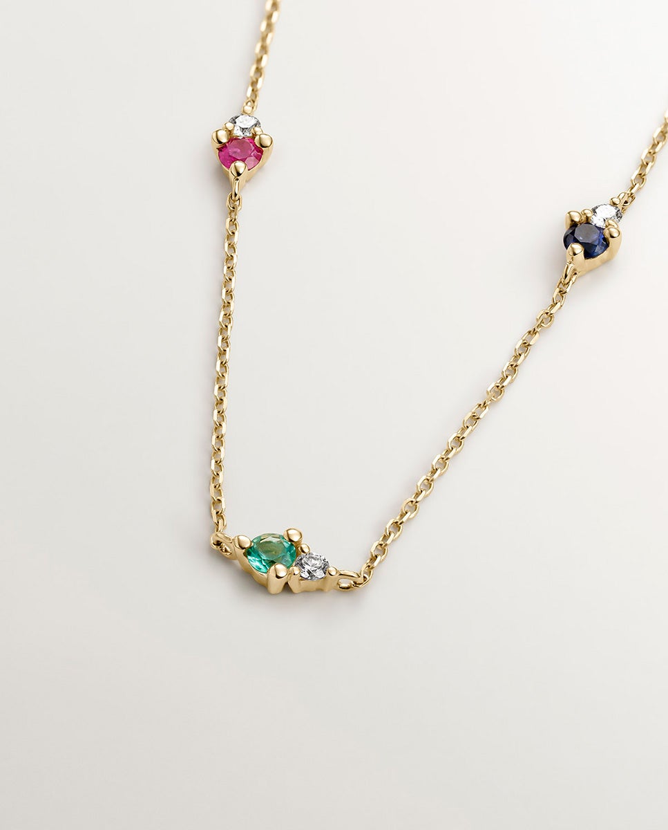 Colar de Ouro Amarelo de 9k com Safira, Esmeralda, Rubi e Diamantes Branco-3