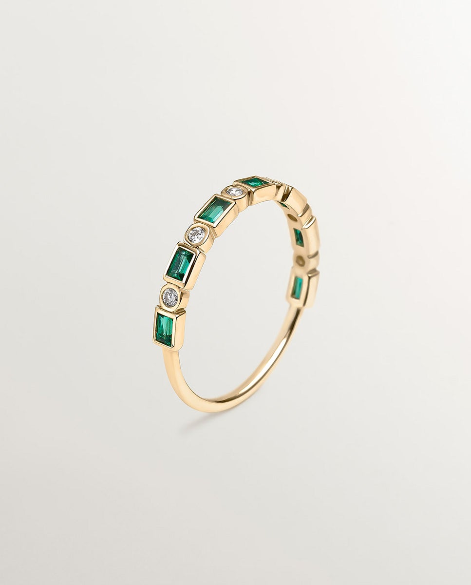 Anel de Ouro Amarelo de 9k com Esmeraldas e Diamantes Verde-1