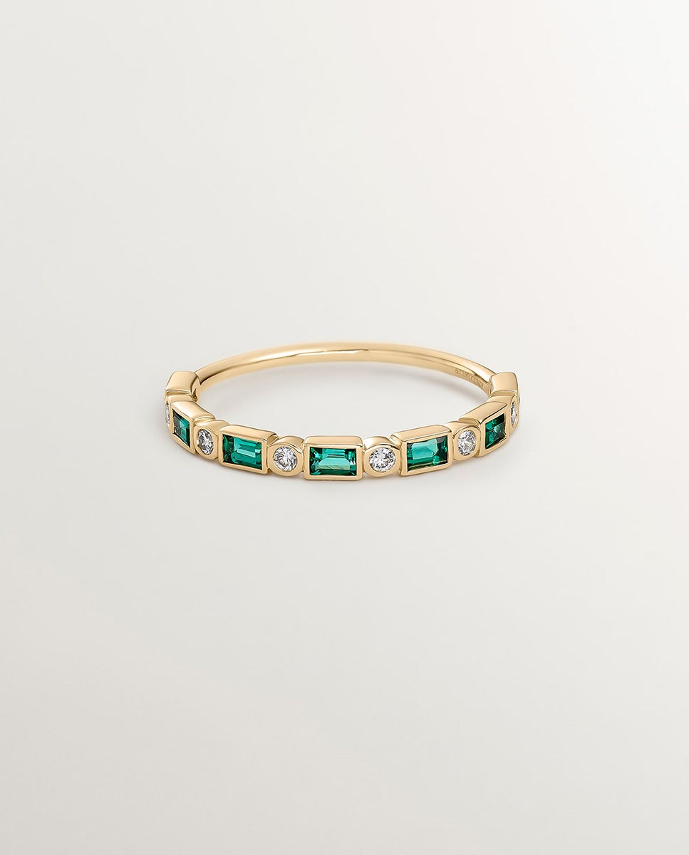 Anel de Ouro Amarelo de 9k com Esmeraldas e Diamantes Verde-3