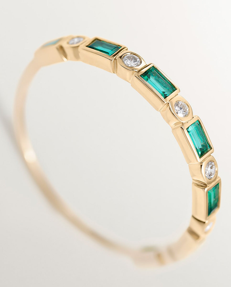Anel de Ouro Amarelo de 9k com Esmeraldas e Diamantes Verde-5