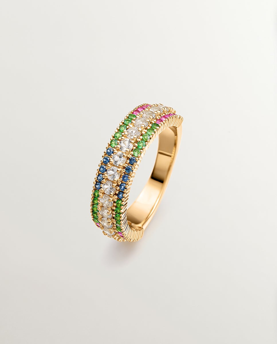 Anel de Prata 925 Banhada em Ouro Amarelo de 18k com Tsavoritas, Topázios e Safiras Multicolor Multicolor-1