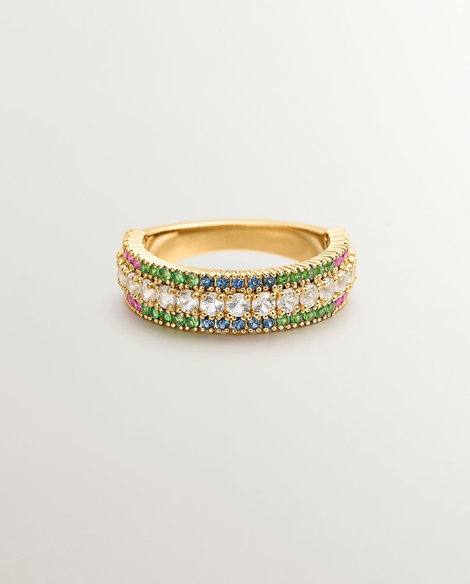 Anel de Prata 925 Banhada em Ouro Amarelo de 18k com Tsavoritas, Topázios e Safiras Multicolor Multicolor-3