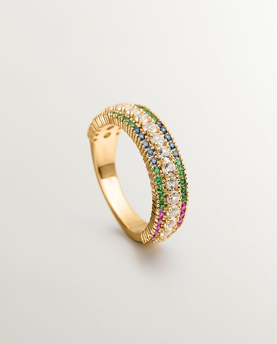 Anel de Prata 925 Banhada em Ouro Amarelo de 18k com Tsavoritas, Topázios e Safiras Multicolor Multicolor-5