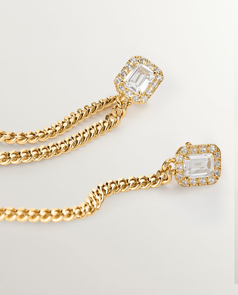 Brincos de Corrente Barbada de Prata 925 Banhada a Ouro Amarelo de 18k com Topázios Branco-3