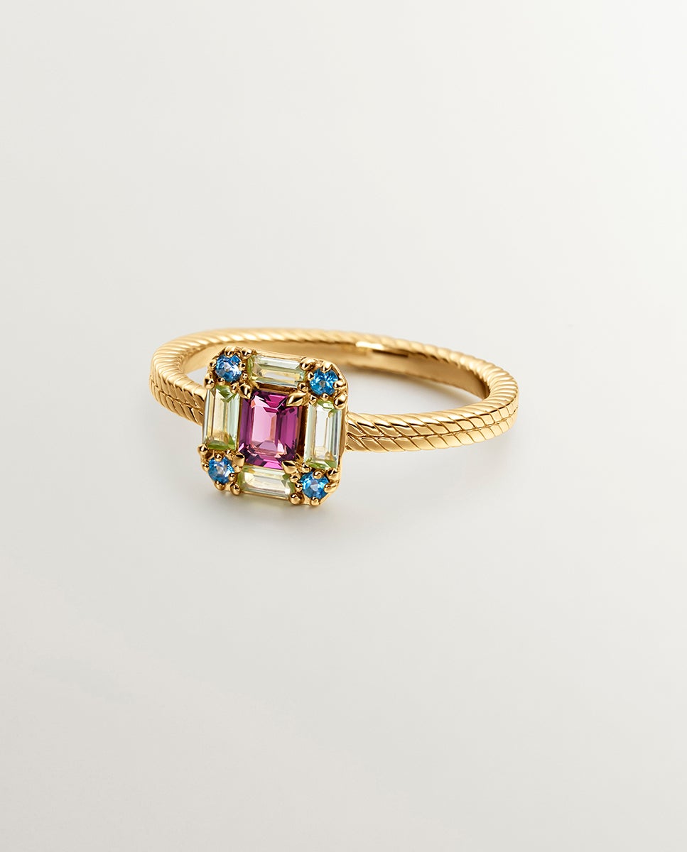 Anel de Prata 925 Banhada em Ouro Amarelo de 18k com Rodolita, Peridoto e Topázio Multicolor-1