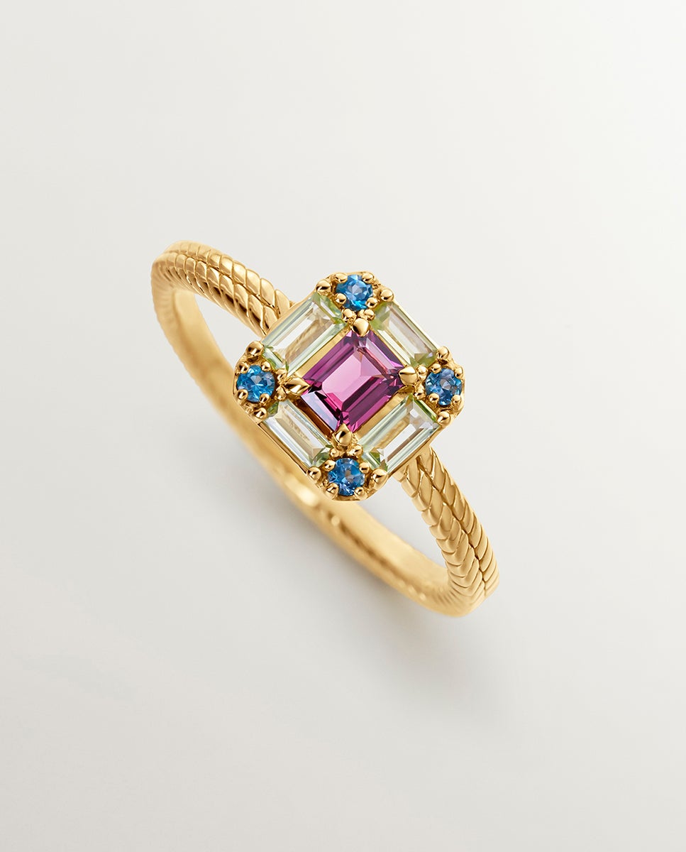 Anel de Prata 925 Banhada em Ouro Amarelo de 18k com Rodolita, Peridoto e Topázio Multicolor-3