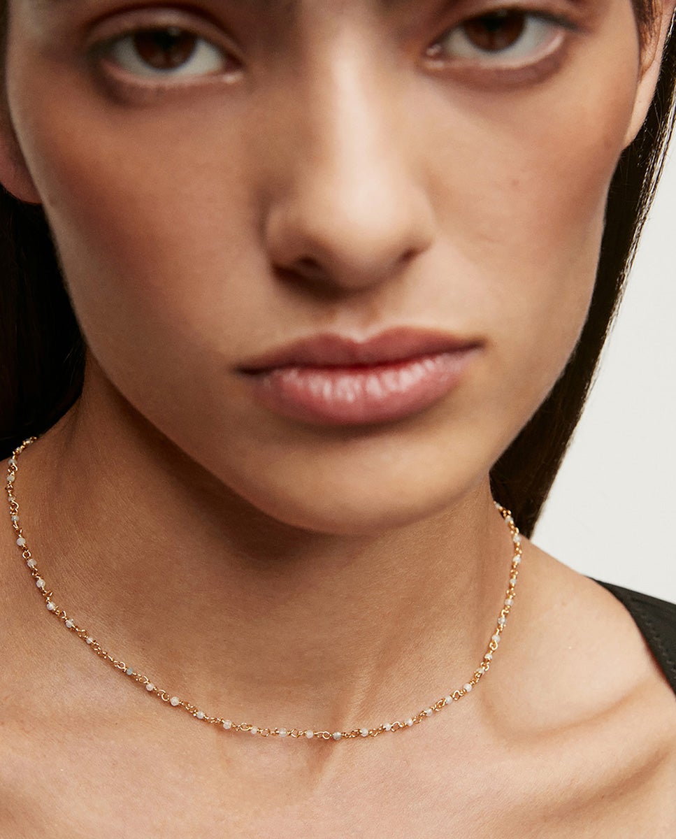 Corrente de Prata 925 Banhada em Ouro Amarelo de 18K com Bolas de Água-marinha Branco-4