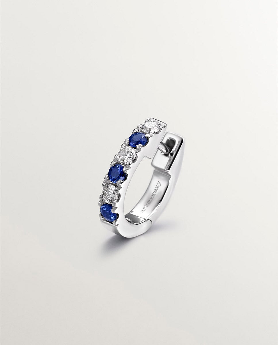 Brinco Individual Pequeno de Argola de Ouro Branco de 9k com Safiras Azuis e Diamantes Azul-1
