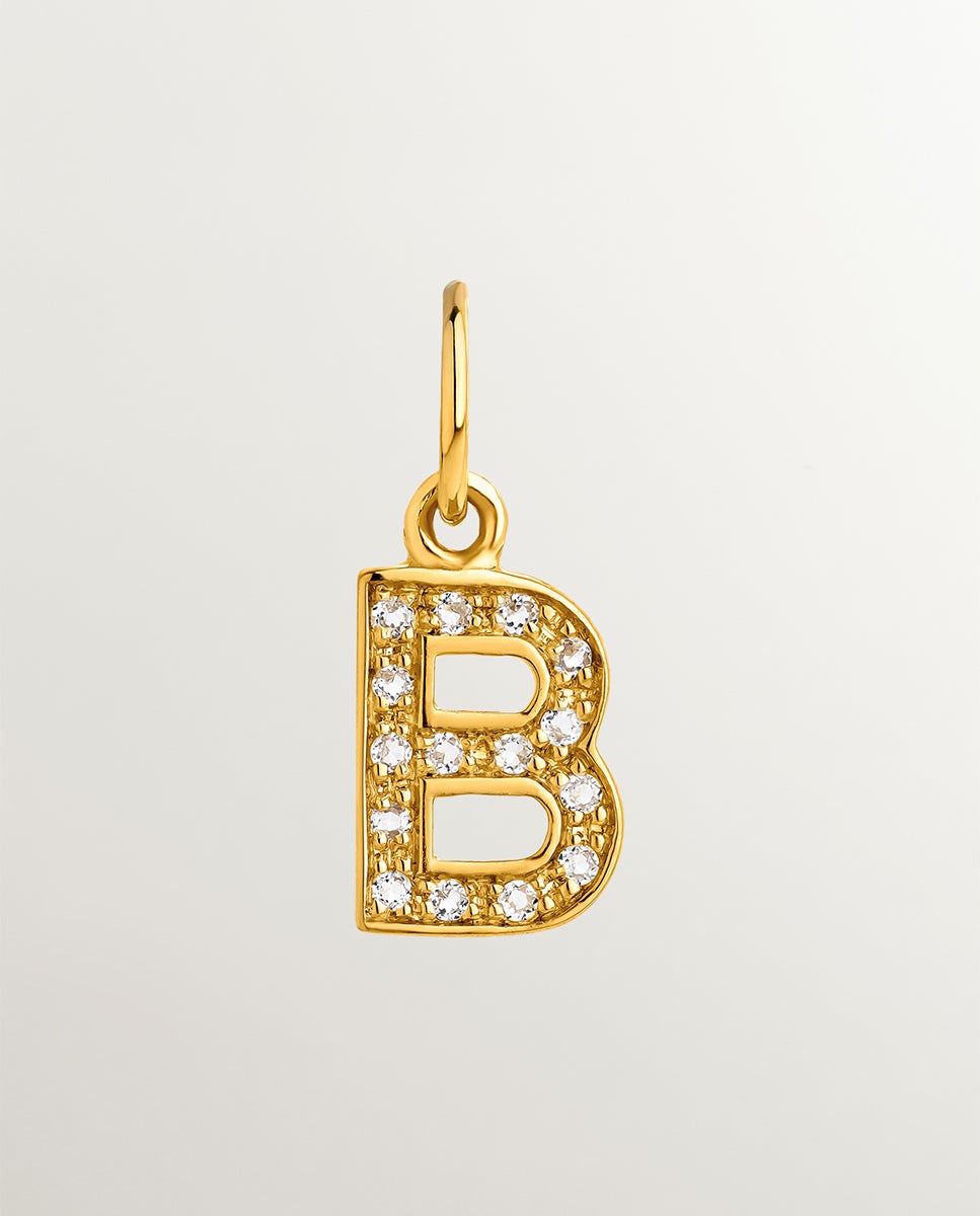 Charm de Prata 925 Banhada em Ouro Amarelo de 18k e Topázios Brancos Inicial B Branco-1
