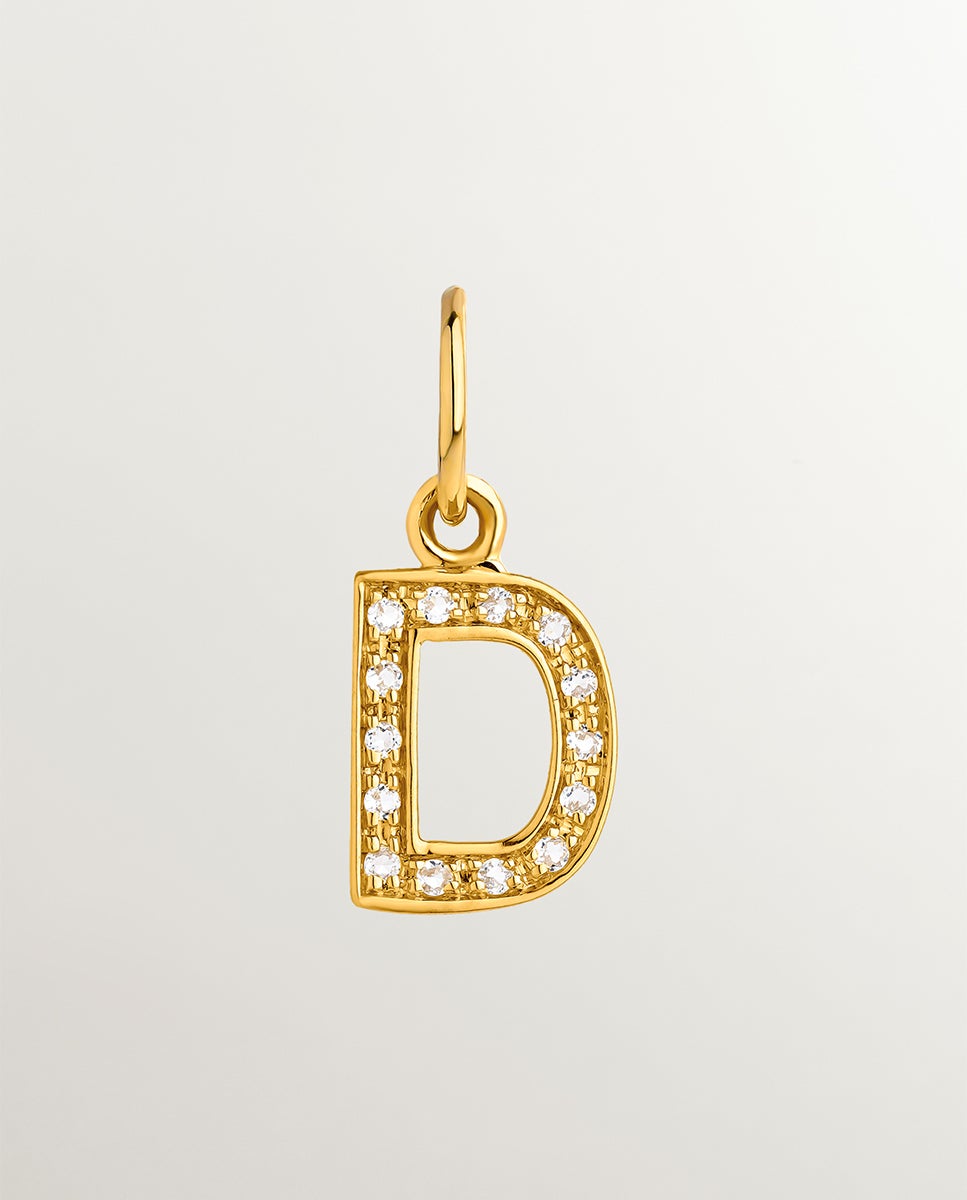Charm de Prata 925 Banhada em Ouro Amarelo de 18k e Topázios Brancos Inicial D Branco-1