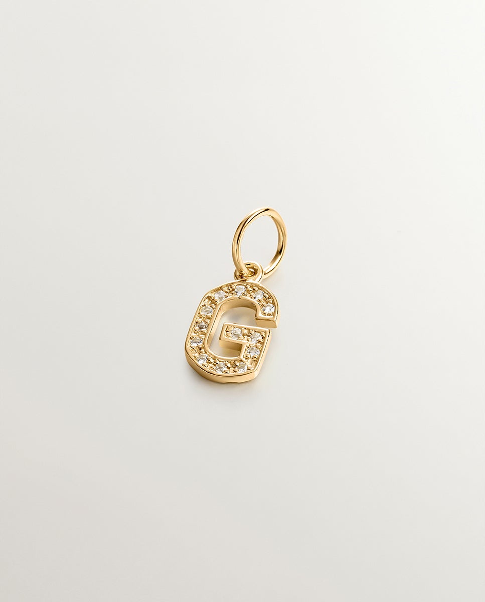 Charm de Prata 925 Banhada em Ouro Amarelo de 18k e Topázios Brancos Inicial G Branco-1