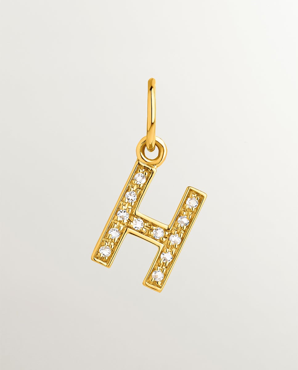Charm de Prata 925 Banhada em Ouro Amarelo de 18k e Topázios Brancos Inicial H Branco-1
