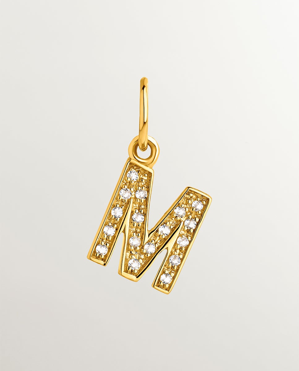 Charm de Prata 925 Banhada em Ouro Amarelo de 18k e Topázios Brancos Inicial M Branco-1
