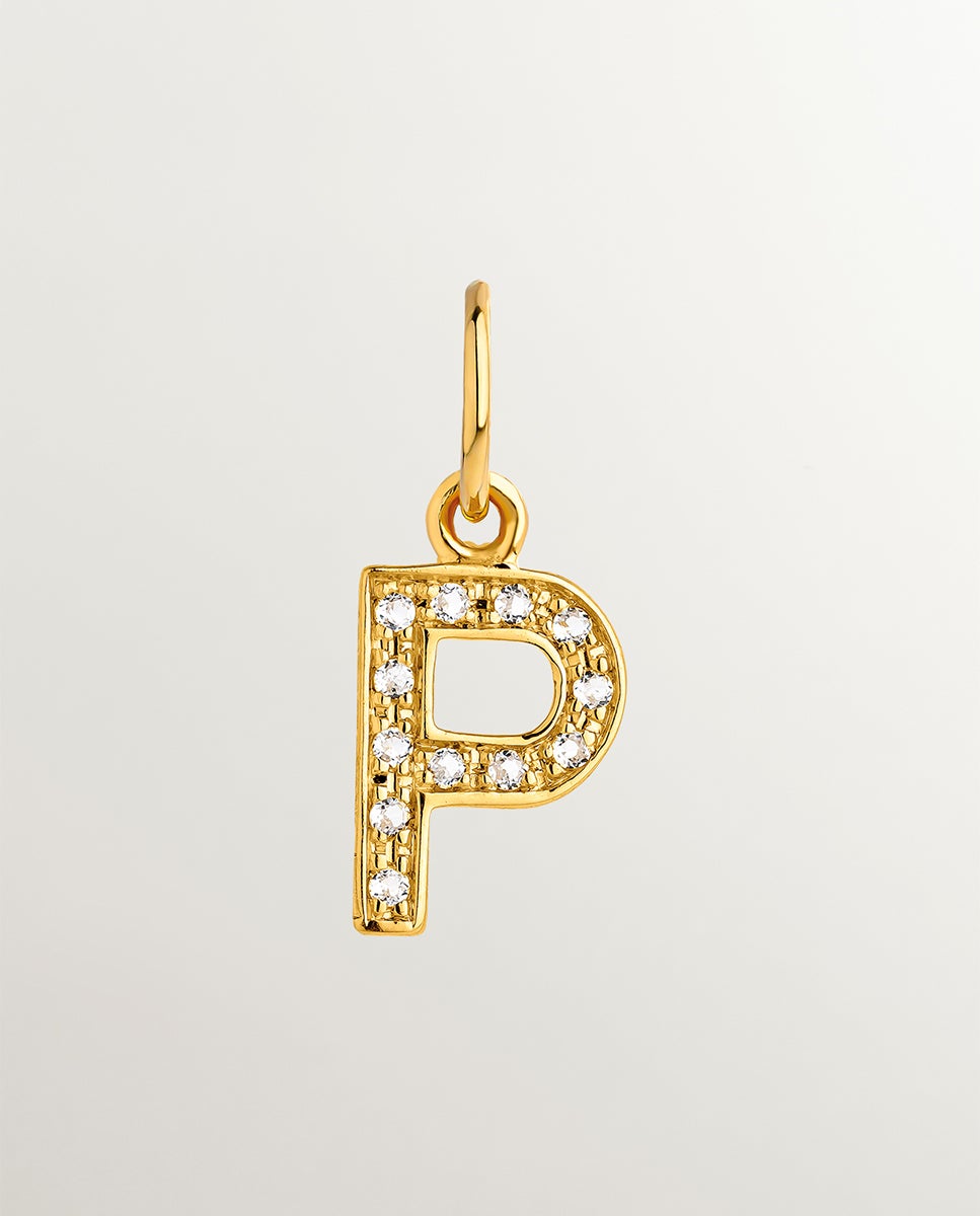 Charm de Prata 925 Banhada em Ouro Amarelo de 18k e Topázios Brancos Inicial P Branco-1