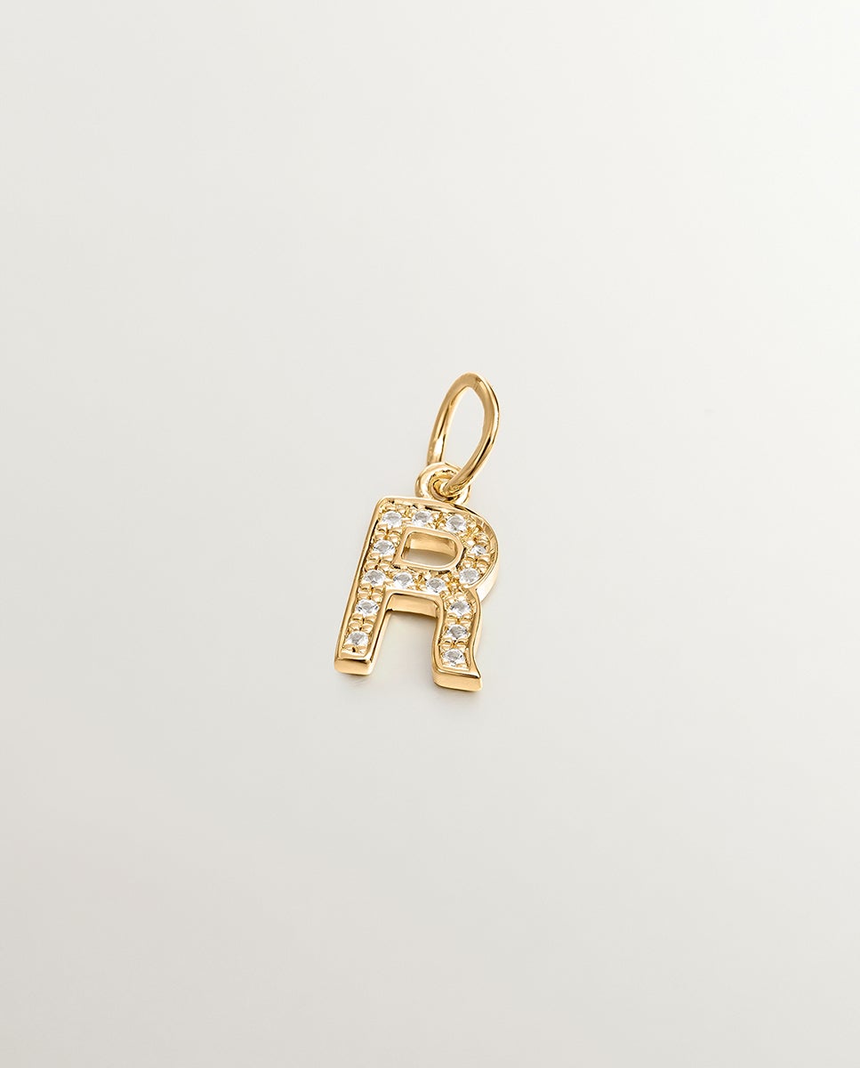 Charm de Prata 925 Banhada em Ouro Amarelo de 18k e Topázios Brancos Inicial R Branco-1