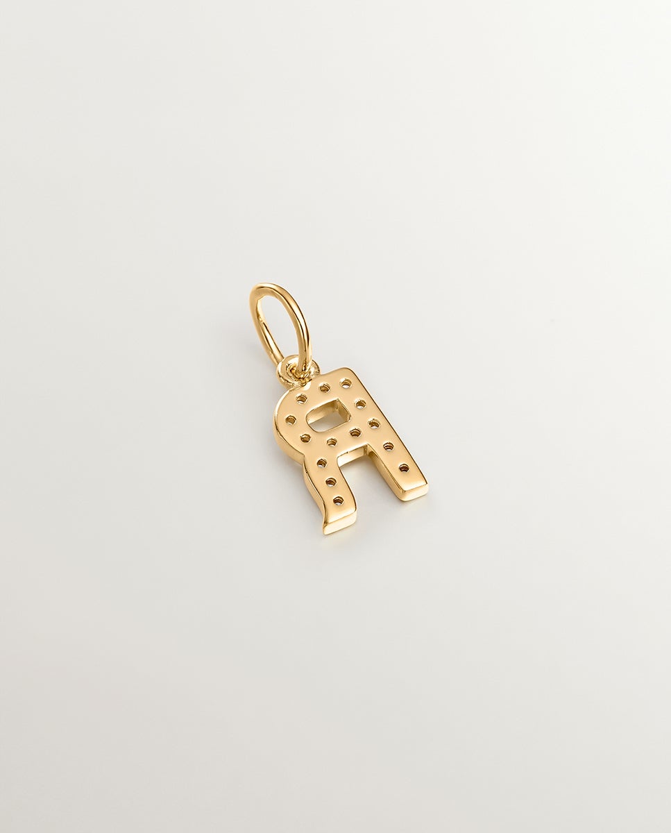 Charm de Prata 925 Banhada em Ouro Amarelo de 18k e Topázios Brancos Inicial R Branco-2