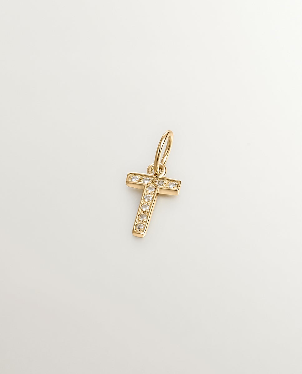 Charm de Prata 925 Banhada em Ouro Amarelo de 18k e Topázios Brancos Inicial T Branco-2