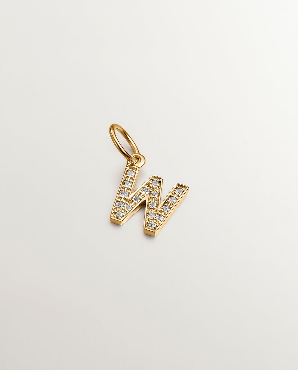 Charm de Prata 925 Banhada em Ouro Amarelo de 18k e Topázios Brancos Inicial W Branco-1