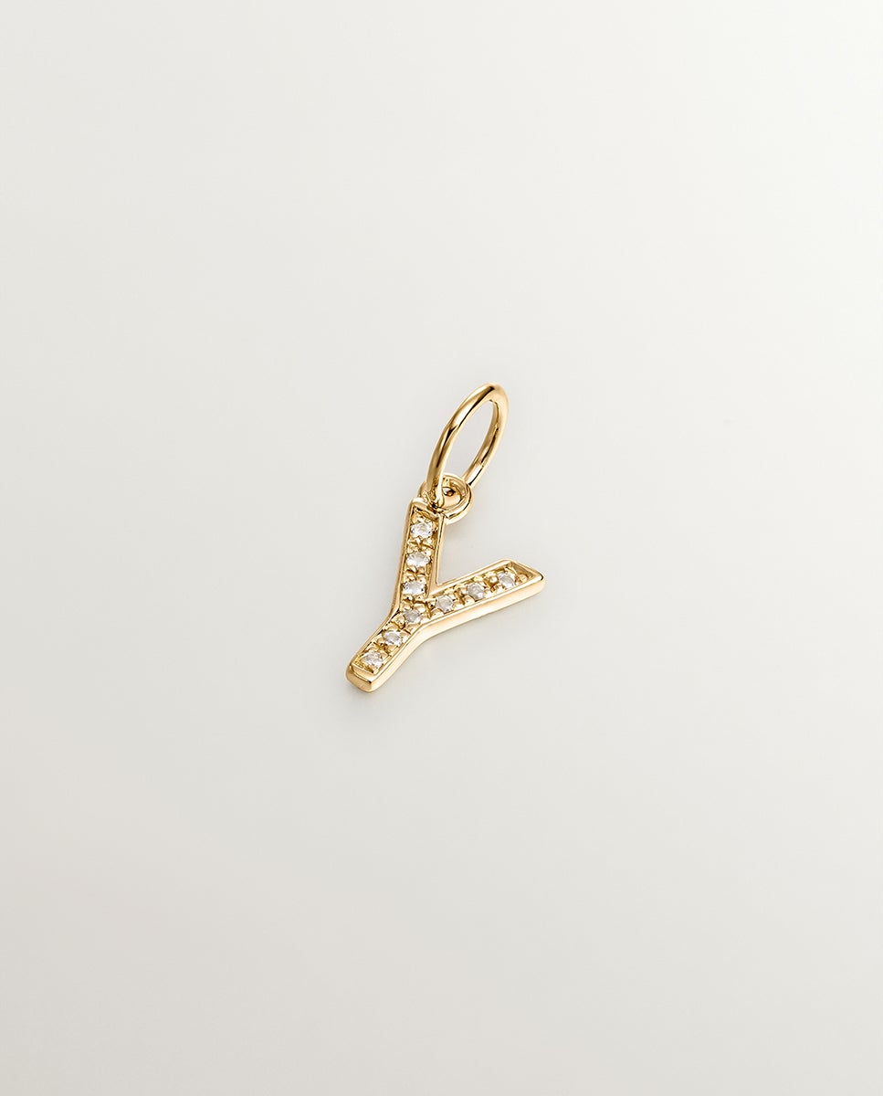 Charm de Prata 925 Banhada em Ouro Amarelo de 18k e Topázios Brancos Inicial Y Branco-2