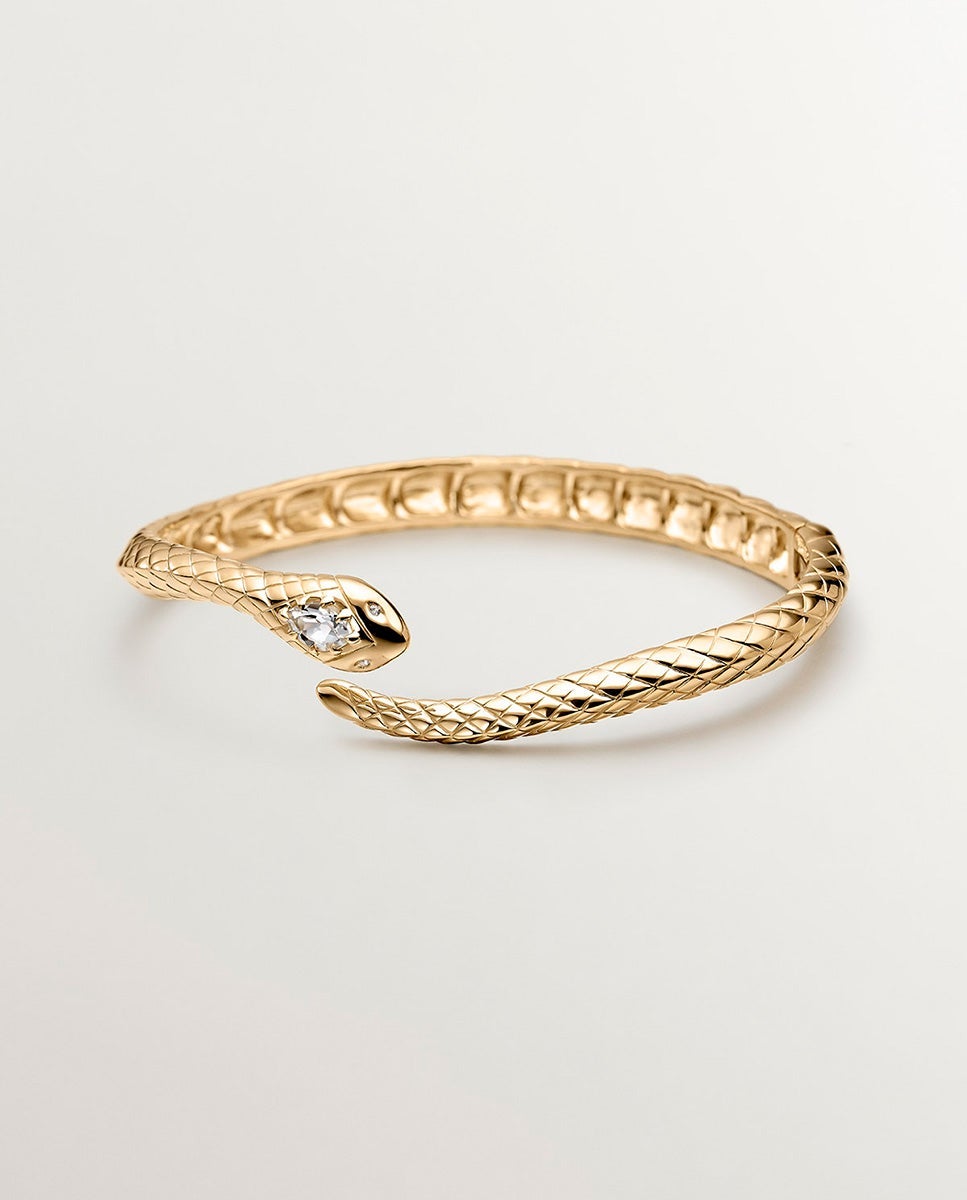 Bracelete de Prata 925 Banhada a Ouro Amarelo de 18k com Forma de Serpente, Topázios e Safiras Brancas Branco-3
