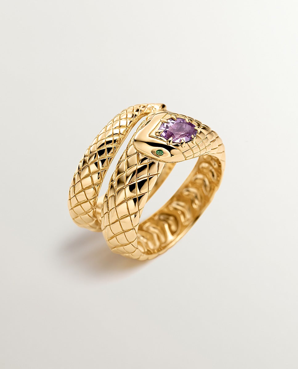 Anel Largo de Prata 925 Banhada em Ouro Amarelo de 18k com Forma de Serpente e Ametista Roxa e Tsavoritas Verdes Roxo-1
