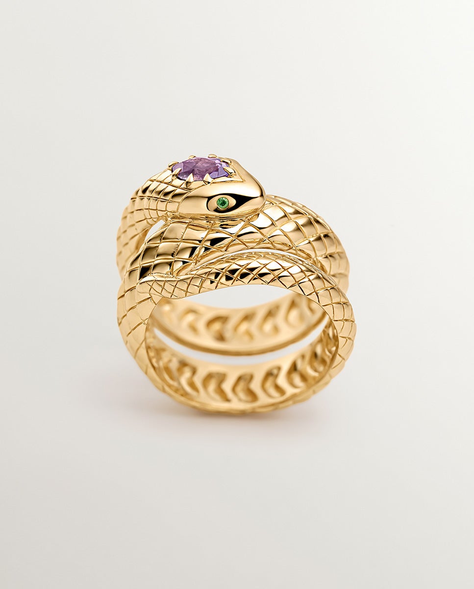 Anel Largo de Prata 925 Banhada em Ouro Amarelo de 18k com Forma de Serpente e Ametista Roxa e Tsavoritas Verdes Roxo-3