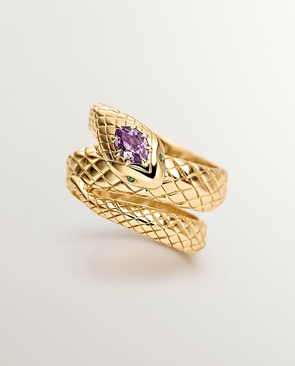 Anel Largo de Prata 925 Banhada em Ouro Amarelo de 18k com Forma de Serpente e Ametista Roxa e Tsavoritas Verdes Roxo-5